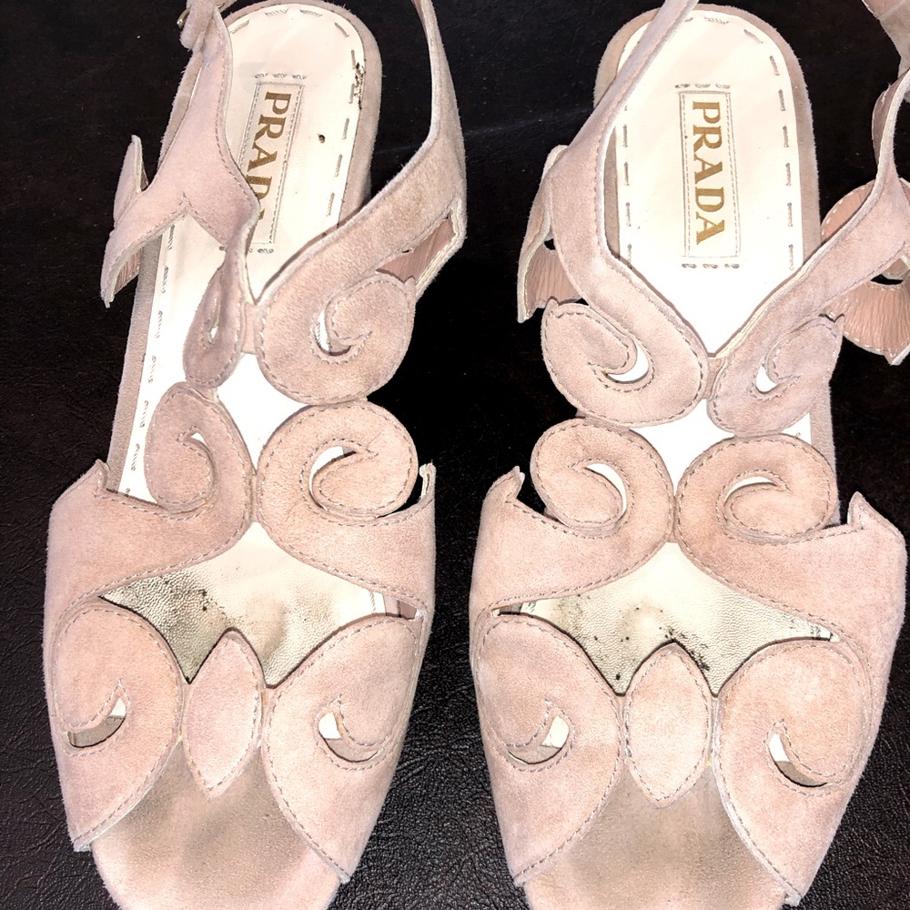 Prada beige suede wedge pumps